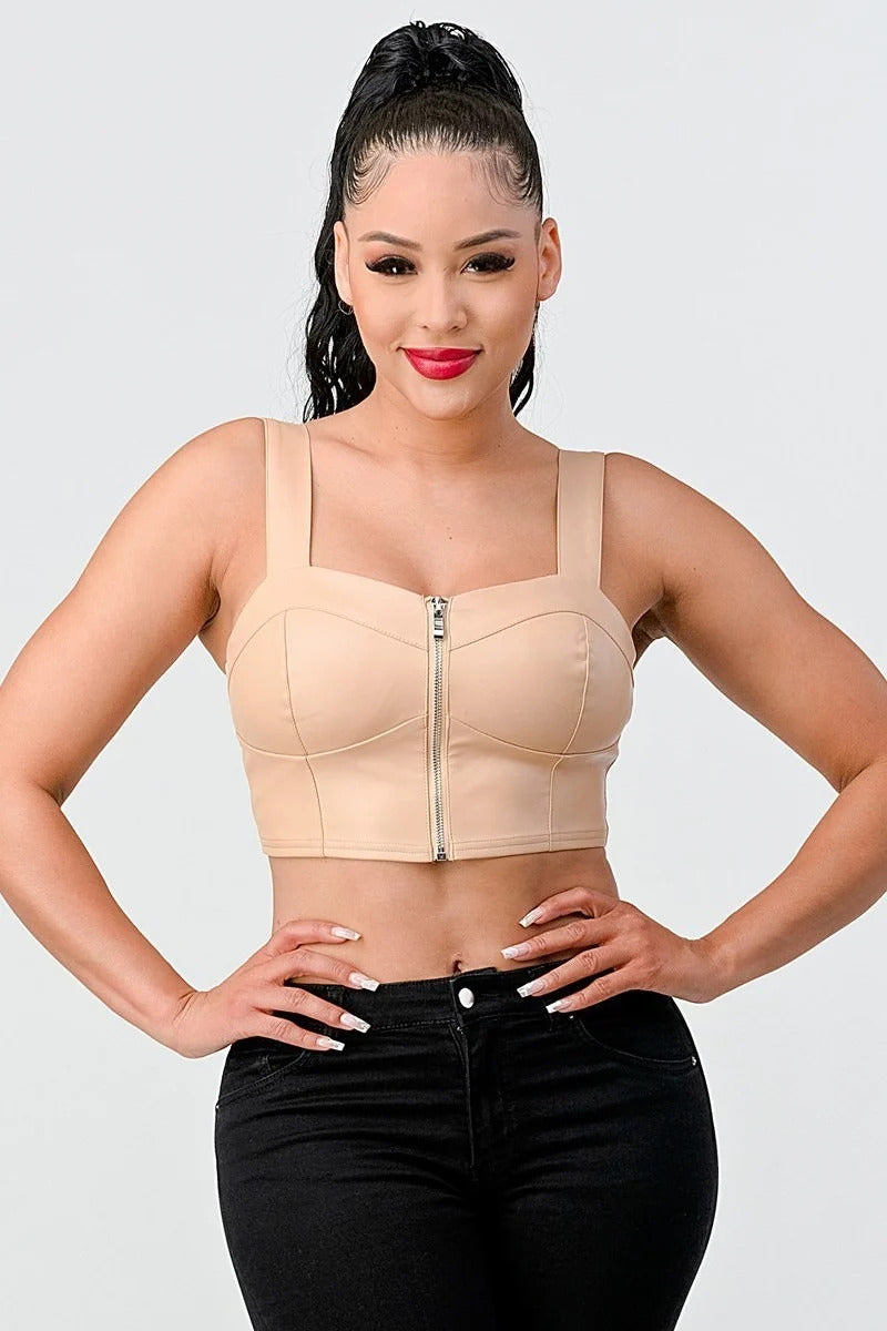 Faux Leather Pu Zipup Cropped Top